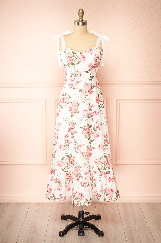 Jihoon | Tie Strap White Floral Midi Dress w/ Ruffles Trendy Ruched Side Midi Dress