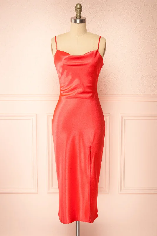 Jordy | Coral-Red Satin Midi Dress w/ Slit Comfortable Adjustable Strap Midi Dress