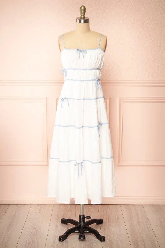 Juliriel | White Midi Dress w/ Blue Ribbons Fashionable High-Neck Midi Dress