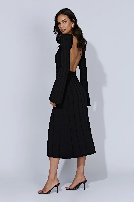 Juniper Flare Sleeve Knit Midi Dress - Black Trendy Smocked Detail Midi Dress