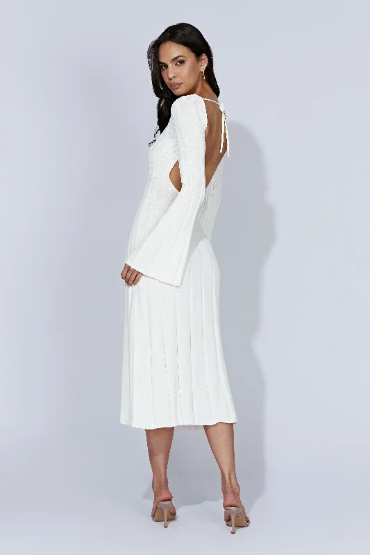 Juniper Flare Sleeve Knit Midi Dress - White Elegant Maxi-Midi Hybrid Dress