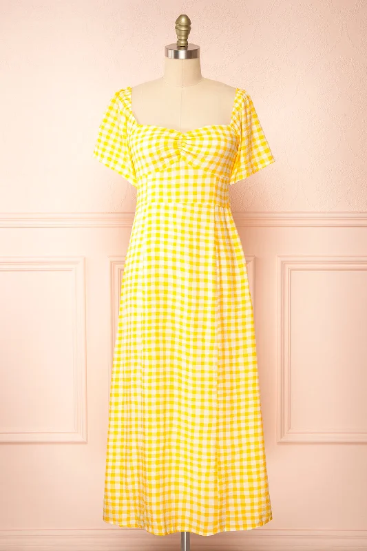 Keely | Yellow Gingham Midi Dress Elegant Lace Trim Midi Dress