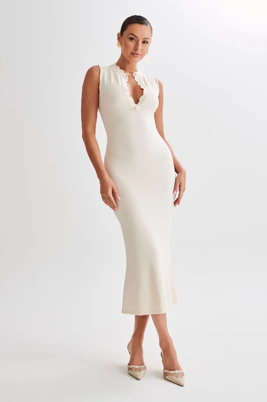 Korva Knit Midi Dress - Ivory Trendy Tiered Hem Midi Dress