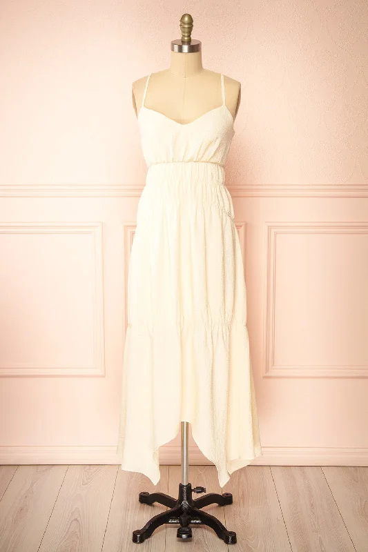 Laurelou | Ruched Cream Midi Dress w/ Thin Straps Cozy Ribbed Knit Midi Dress