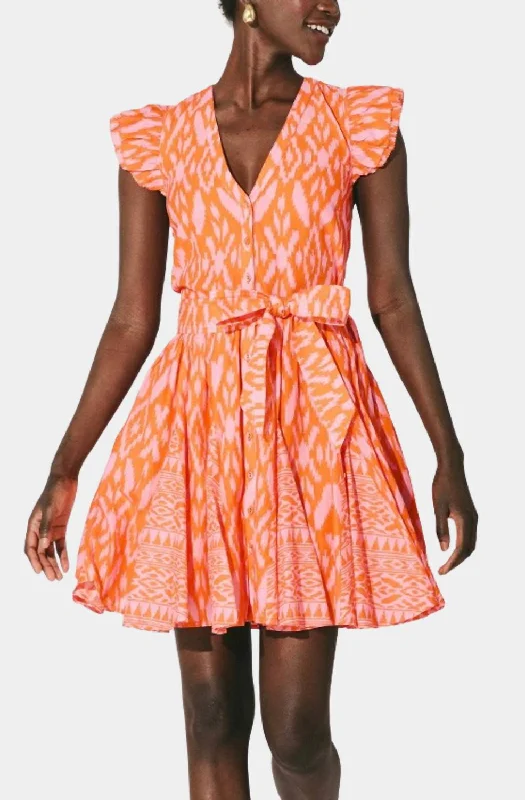 Lela Mini Dress In Jaipur Ikat Print Trendy Mini Dress with Belt