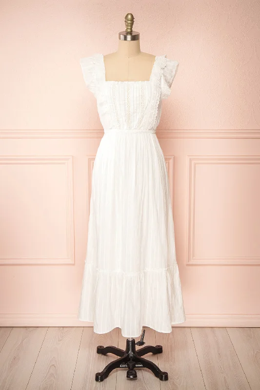 Leonora Ivory | Midi Dress w/ Ruffles & Lace Elegant Sleeveless Midi Dress