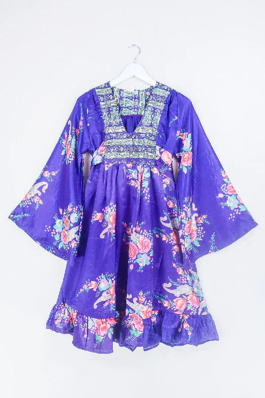 Lunar Mini Dress - Vintage Sari - Bright Amethyst Wallpaper Floral - Size XXS Petite Casual Button-Up Mini Dress