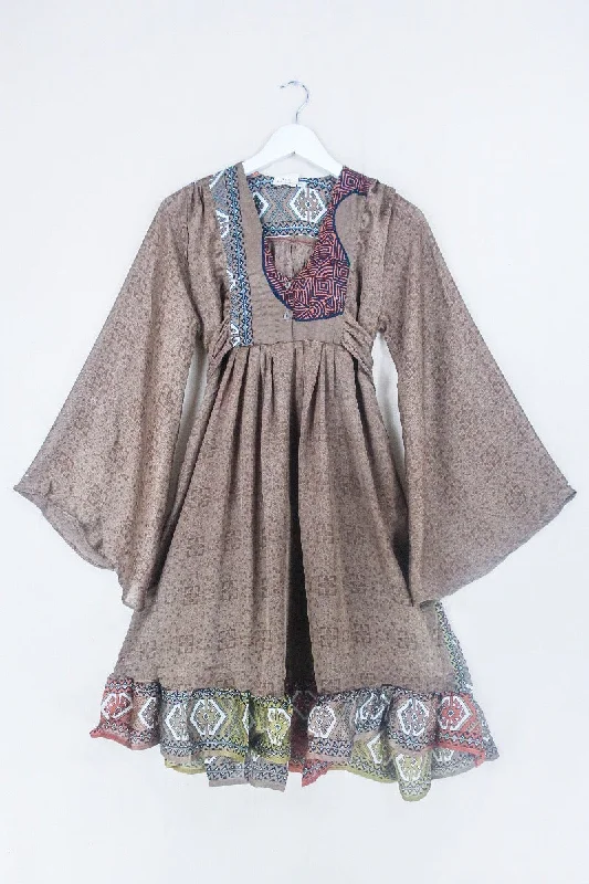 Lunar Mini Dress - Vintage Sari - Clay Brown Garden Path Floral - Size XXS Petite Cozy A-Line Mini Dress