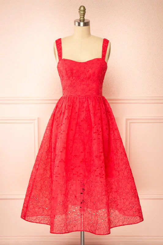 Maeva | Red Midi Dress w/ Floral Embroidery Elegant Velvet Midi Dress