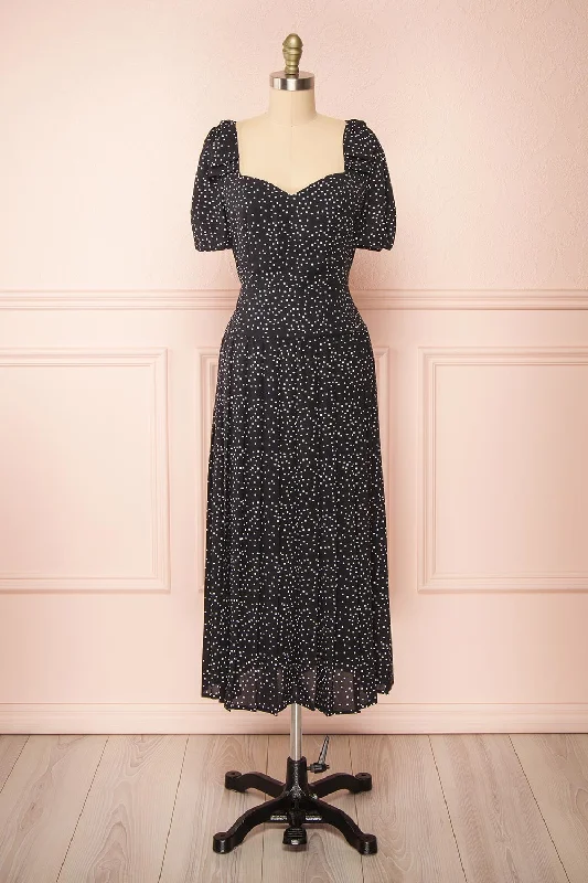 Marceline | Black Polka Dot Midi Dress Elegant V-Neck Midi Dress