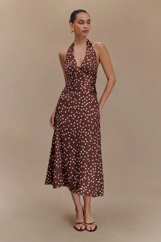 Marguerite Satin Halter Midi Dress - Brown Polka Dot Print Trendy Tiered Hem Midi Dress