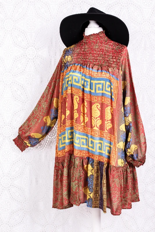 Mona Mini Dress - Vintage Indian Sari - Red, Cobalt & Bright Yellow Paisley - Free Size Stylish Spaghetti Strap Mini Dress