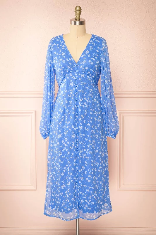 Natasha | Long-Sleeved Floral Blue Midi Dress Classic Black Midi Dress