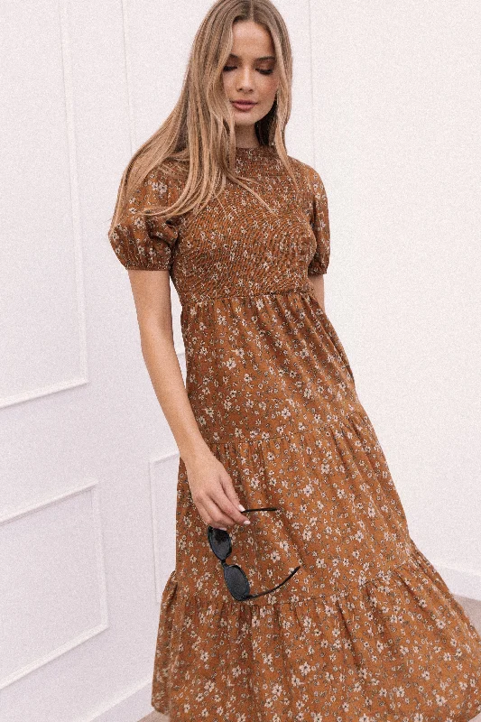 Naura Shirred Tiered Midi Dress - Cognac Floral Stylish Cold Shoulder Midi Dress