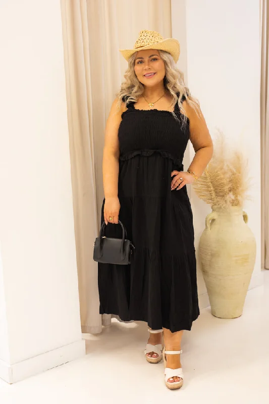 NEW KIMBERLY RUFFLED MIDI DRESS | + CURVY (BLACK) Trendy Mock Neck Midi Dress