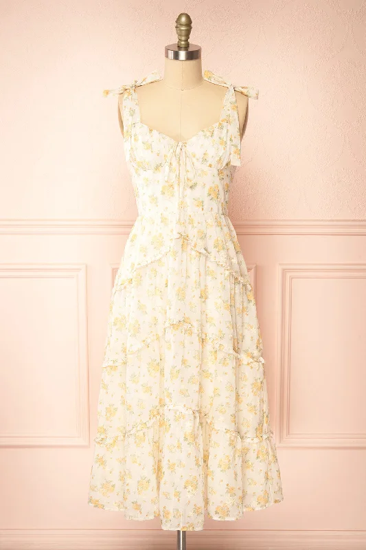 Omelta | Ivory Midi Dress w/ Yellow Roses Motif Trendy Ruffled Sleeve Midi Dress