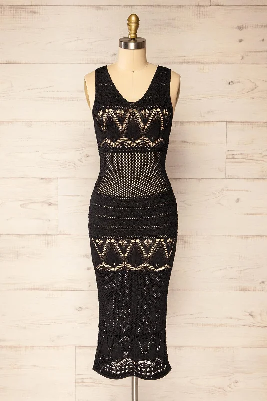 Ozma Black | Crochet Midi Dress Trendy Flared Sleeve Midi Dress