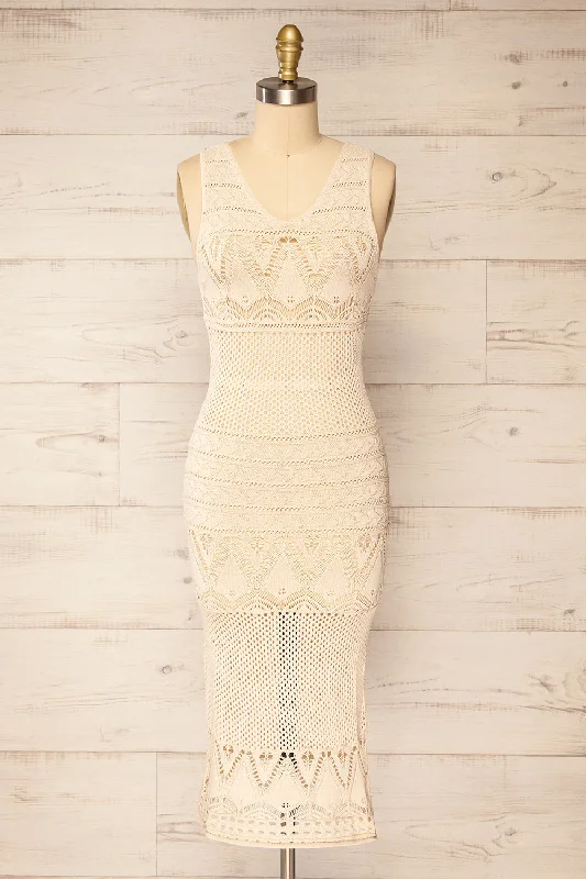 Ozma Beige | Crochet Midi Dress Stylish Halter Neck Midi Dress