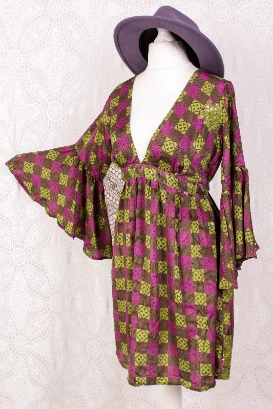 Pansy Mini Dress - Indian Sari - Circular Flounce Sleeve - Chequered Embellished Deep Magenta & Lime - Free Size S/M Chic Halter Mini Dress