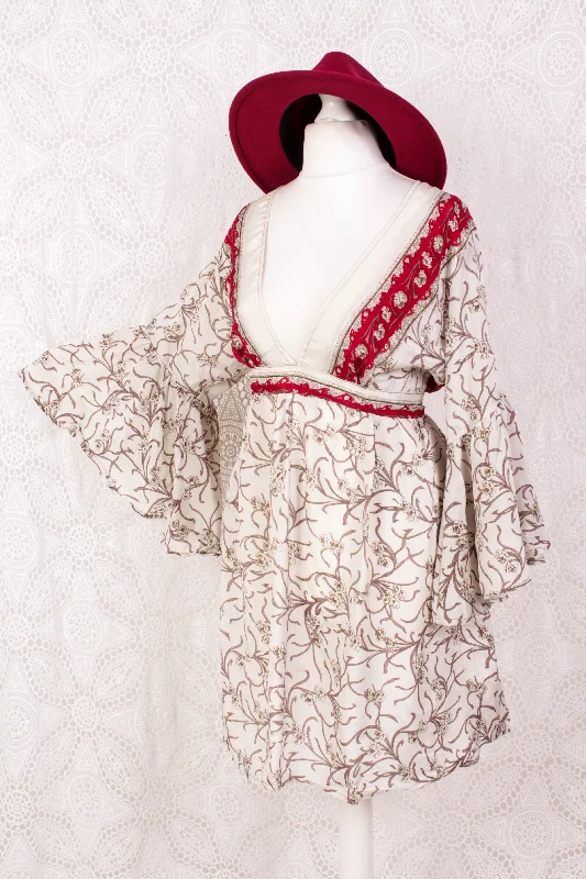 Pansy Mini Dress - Indian Sari - Circular Flounce Sleeve - Jasmine & Crimson Floral - Free Size M/L Comfortable Zip-Up Mini Dress