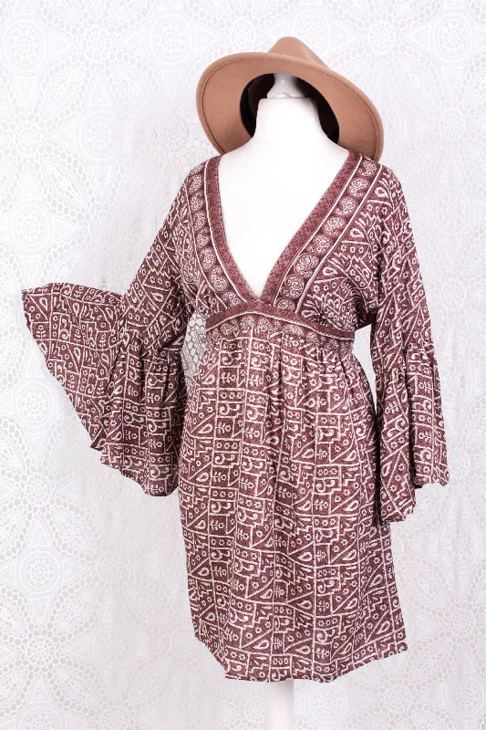 Pansy Mini Dress - Indian Sari - Circular Flounce Sleeve - Rose Taupe Tile Print - Free Size M/L Elegant Mini Dress with Pleats