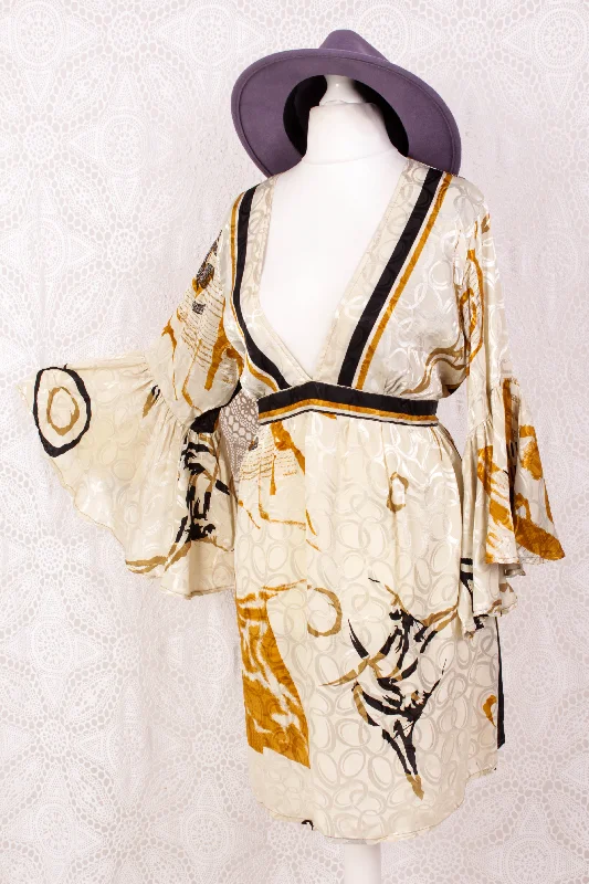 Pansy Mini Dress - Indian Sari - Circular Flounce Sleeve - Ivory, Honey & Raven Brushstroke Shimmer - Free Size M/L Trendy Wraparound Mini Dress