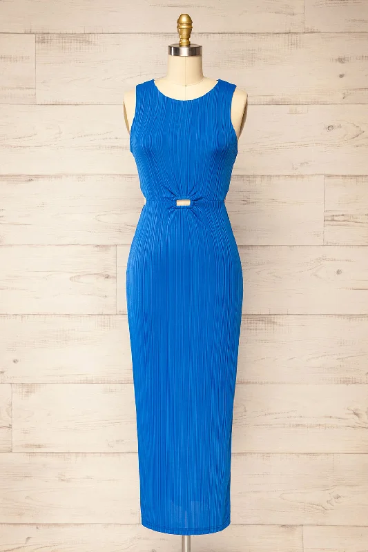 Penticton | Blue Fitted Midi Dress w/ Cut-Outs Comfortable Short Sleeve Midi Dress