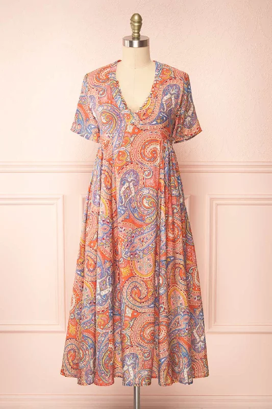 Percie | Paisley Midi Dress w/ Short Sleeves Comfortable Floral Print Midi Dress