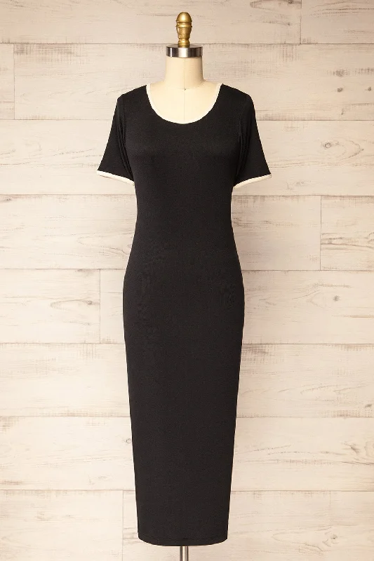 Phloriane Black | Ribbed Midi Dress w/ Ivory Trim Trendy Boho Midi Dress