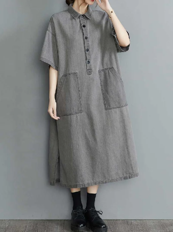 Plain Cotton Grey Color Short Sleeve Midi Dress Trendy Shift Midi Dress