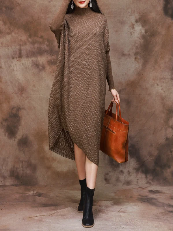 Plus Size Knitted Loose Bat Sleeve Stripe Midi Dress for Women Elegant Pleated Sleeve Midi Dress