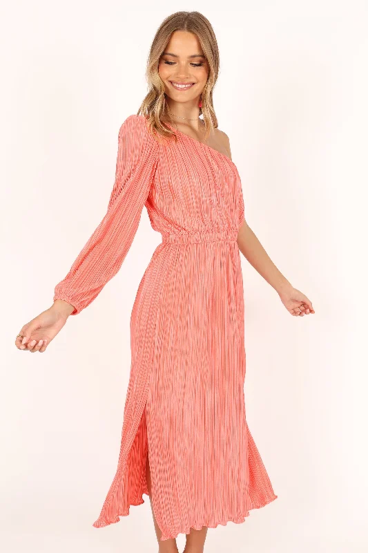 Pontee One Shoulder Pleated Midi Dress - Coral Elegant Floral Skirt Midi Dress