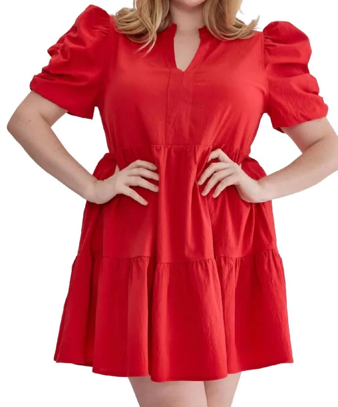 Puff Sleeve Mini Dress In Red Fashionable Mini Dress with Frills