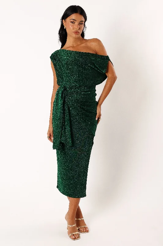 Santiago Off Shoulder Midi Dress - Emerald Trendy Shift Midi Dress