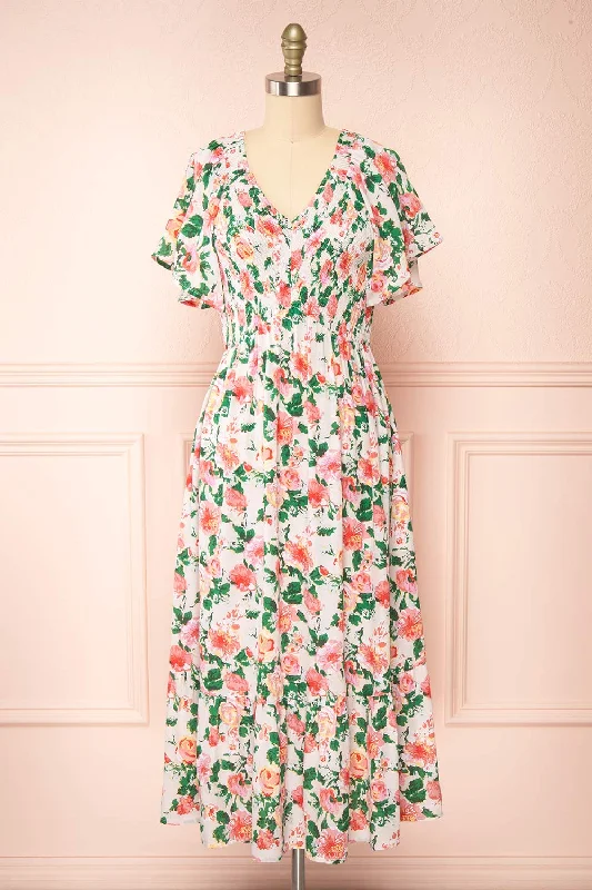 Senna | Floral Midi Dress w/ Ruched Bust Cozy Spaghetti Strap Midi Dress