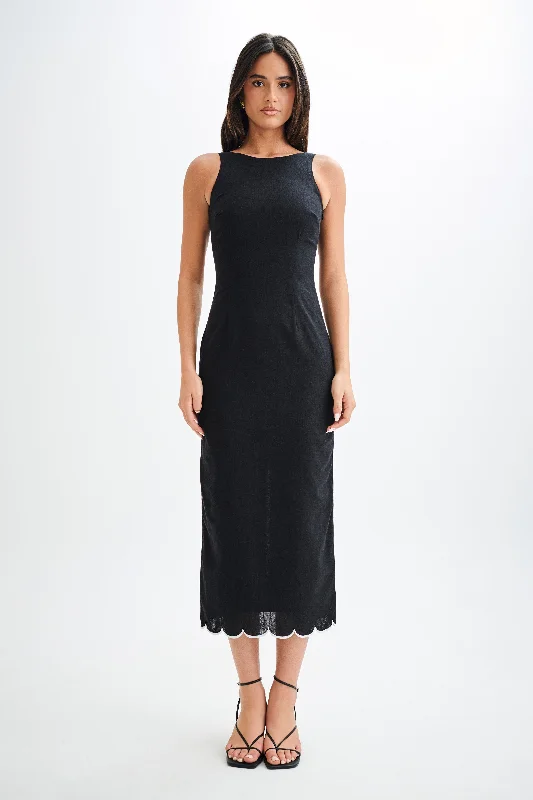 Sofiane Scalloped Linen Midi Dress - Black Comfortable Lace-Up Midi Dress