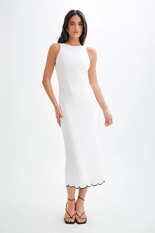 Sofiane Scalloped Linen Midi Dress - Ivory Stylish Off-Shoulder Ruffle Dress