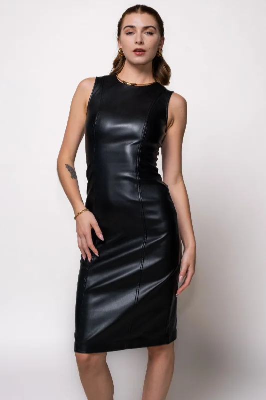 Steve Madden Pria Faux Leather Midi Dress Fashionable High-Neck Midi Dress