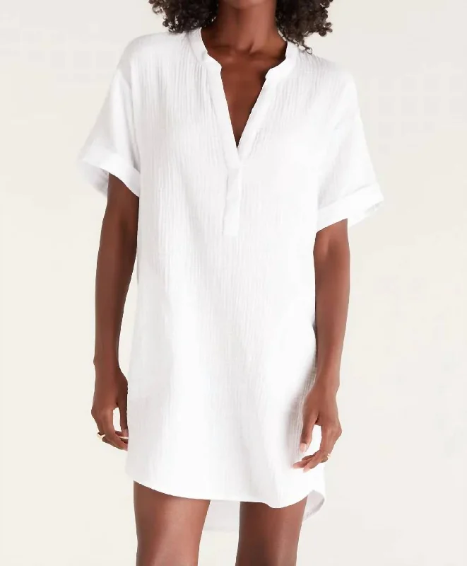 Talia Gauze Mini Dress In White Stylish Button-Down Mini Dress