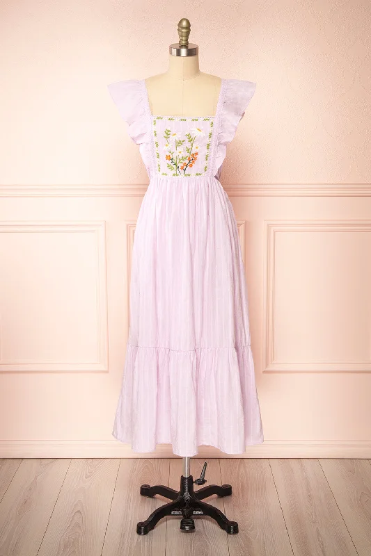 Thora Lilac | Midi Dress w/ Floral Embroidery Stylish Vintage Midi Dress