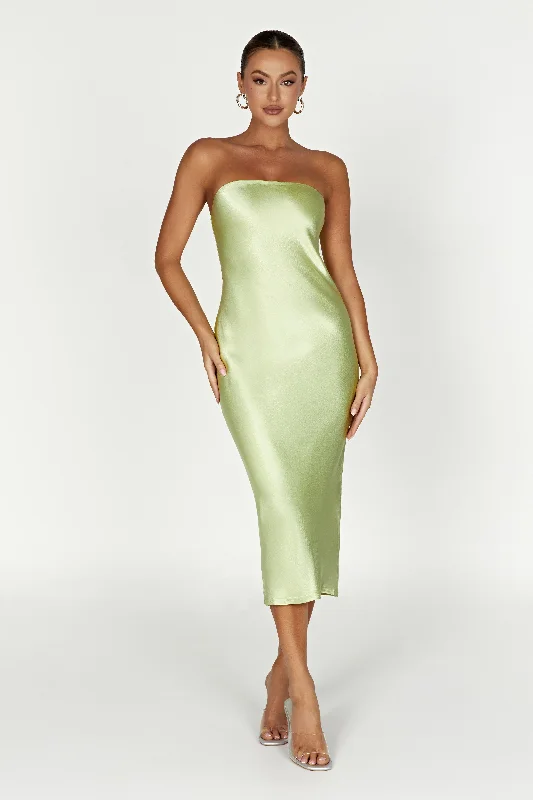 Tyler Strapless Satin Midi Dress - Pistachio Green Elegant Faux Wrap Midi Dress