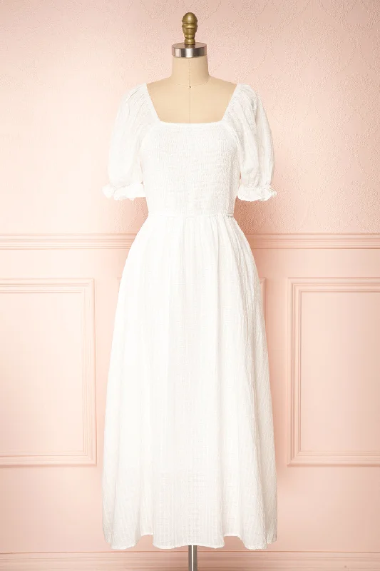 Undume | White Midi Dress w/ Puffy Sleeves Comfortable Denim Midi Dress