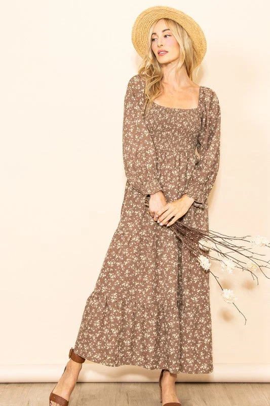 Floral Square Neck Maxi Dress in Mocha Style 1171 Cozy Maxi Dress with Slit