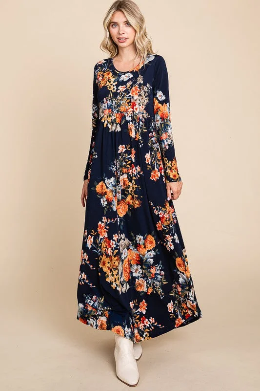 1236 Orange Floral Maxi Dress Stylish Off-Shoulder Maxi Dress