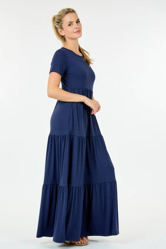 2581 Round Neck Solid Maxi Dress in Navy Comfortable T-Shirt Maxi Dress