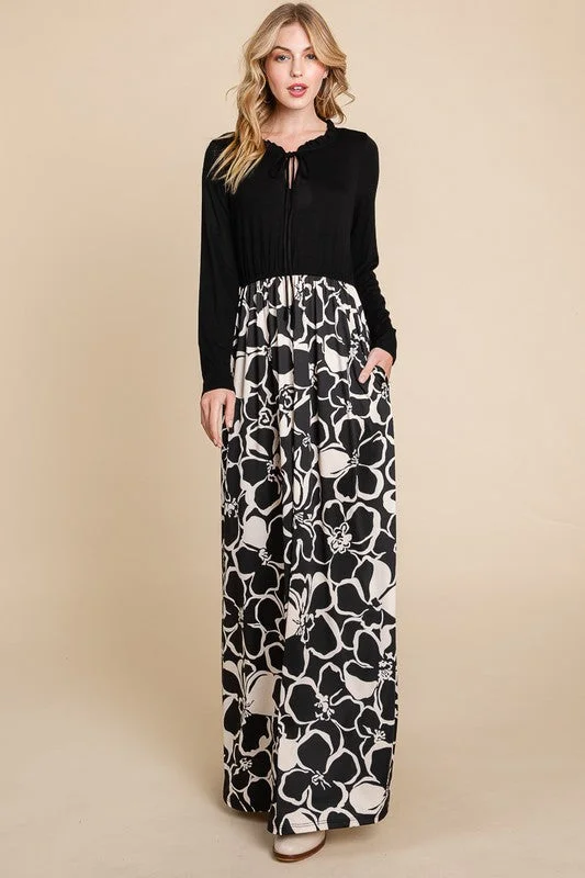 895 Long Sleeve Maxi Dress With Solid Bodice Trendy Floral Print Maxi Dress