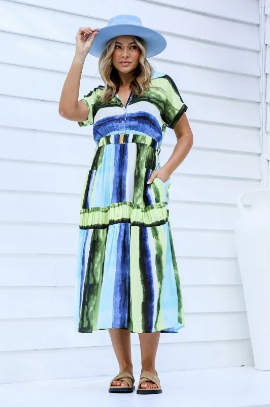 Maxi dress Aegean Island Dress - Blue/Green Trendy Short Sleeve Maxi Dress