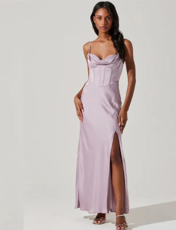 Cannes Satin Bustier Maxi Dress, Silver Lilac Cozy Wrap Maxi Dress