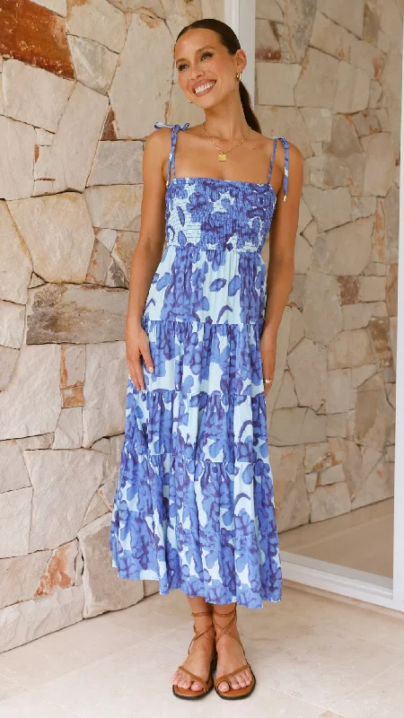 Badar Maxi Dress - Blue Floral Fashionable High-Low Maxi Dress