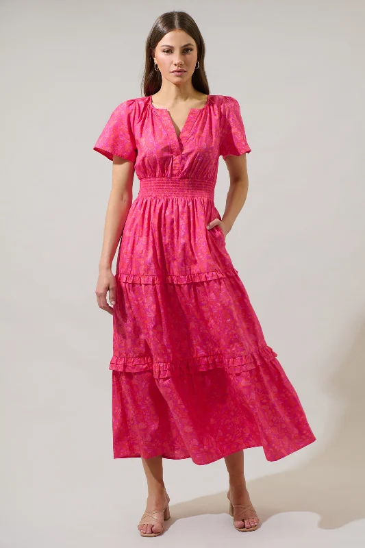 Cerise Floral Palmer Poplin Tiered Maxi Dress Elegant Lace-Up Maxi Dress